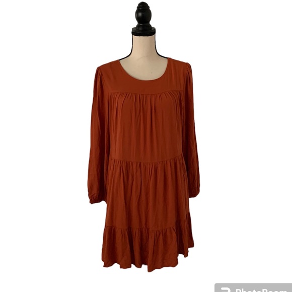 Lulus Full of Heart Rust Orange Tiered Long Sleeve Swing Dress size S - Picture 3 of 10